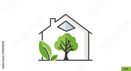 Eco friendly house icon with tree and leaves, green energy concept