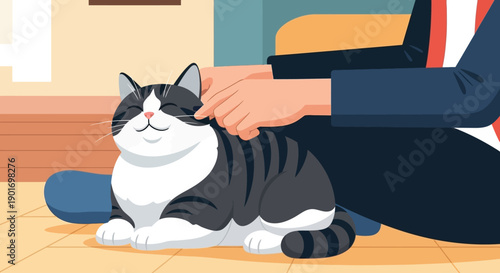 This vibrant flat design vector illustration depicts a delightful moment of a person actively playing with their pet cat using a feather wand. It highlights the importance of interaction and fun