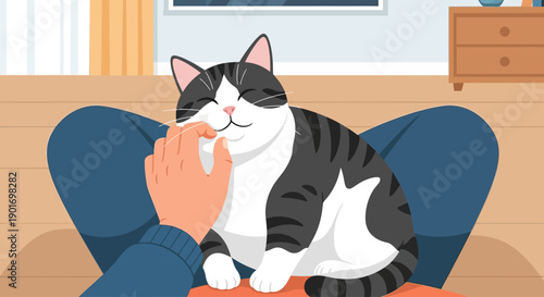 This vibrant flat design vector illustration depicts a delightful moment of a person actively playing with their pet cat using a feather wand. It highlights the importance of interaction and fun