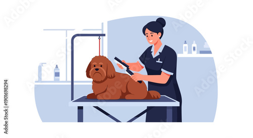 This clean flat design vector illustration portrays a pet owner meticulously grooming their dog, emphasizing care and hygiene. 
