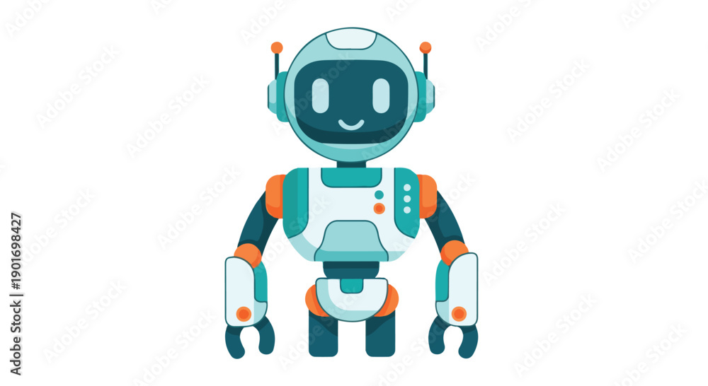 Fototapeta premium Colorful robot toy with a smiley face and headset stands against a clean white background in a flat lay composition.