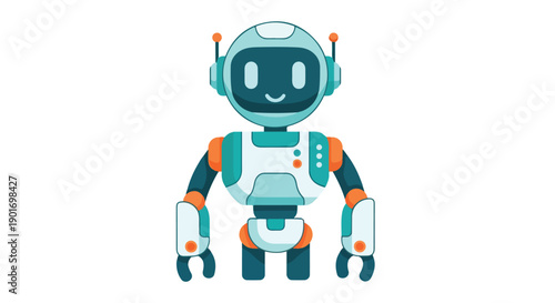 Colorful robot toy with a smiley face and headset stands against a clean white background in a flat lay composition.