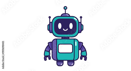 A purple and teal cartoon robot with a smiling face and antenna on its head against a white background.