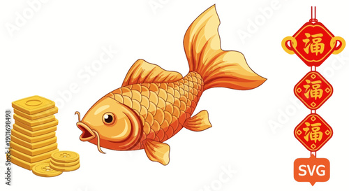 Golden Fish with Chinese Fortune Charms and Wealth Coins