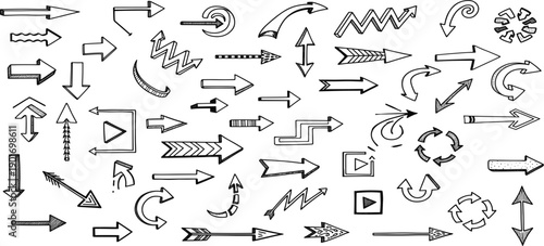 Hand Drawn Arrow Icon Set with Directional, Curved, Loop, Navigation, and Sketch Style Pointer Symbols for Infographic, Web, and Creative Design Use
