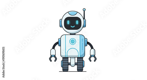 A cheerful robot with a headset and a smiley face stands against a clean white background with a modern and technological feel.