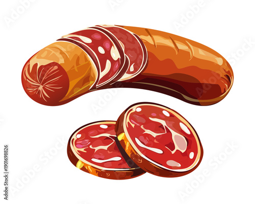 Sliced Salami Links For Traditional Italian Deli Platter And Savory Charcuterie Board Concept Art Design Illustration - Vector Illustration