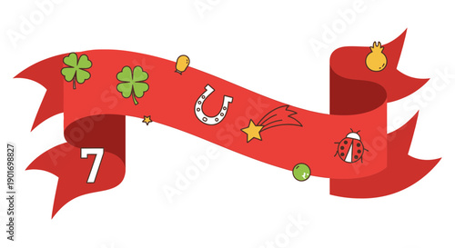 Lucky Charm Ribbon Banner with Four Leaf Clovers, Horseshoe, Ladybug, and Number 7