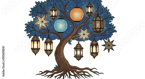 Magical Tree with Hanging Lanterns and Stars