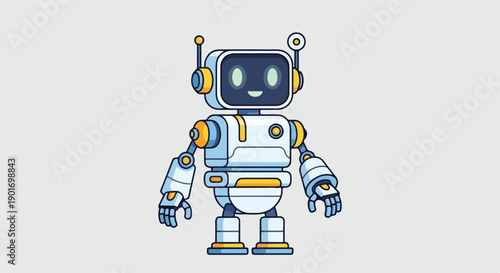 A cute robot with a white and orange body standing against a clean white background with a playful mood.