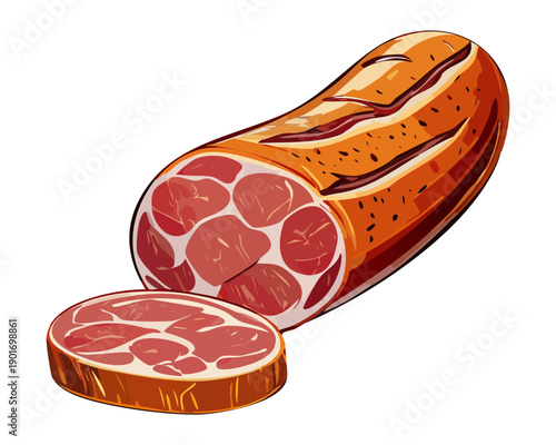Large Smoked Ham Leg With Slices For Festive Holiday Feast And Traditional Butcher Shop Concept Art - Vector Illustration
