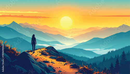 Distant traveler walking toward open horizon sunrise freedom. Hopeful future concept with lone figure and endless landscape. Inspirational escape scene symbolizing new life direction