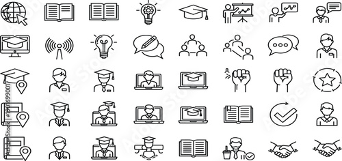 Education and Online Learning Line Icon Set with Graduation, Students, Knowledge, Communication, Achievement, and Academic Process Symbols Illustration