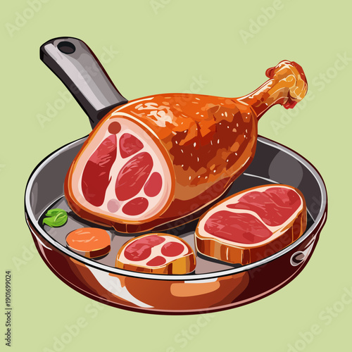 Whole Smoked Ham With Sliced Meat Pieces And Herbs In Skillet For Traditional Holiday Feast Design - Vector Illustration