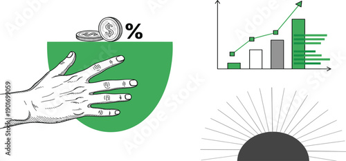 Financial Growth Protection Illustration with Hand Shielding Money, Interest Percentage, Rising Bar Chart, and Investment Performance Concept for Business and Finance Visuals