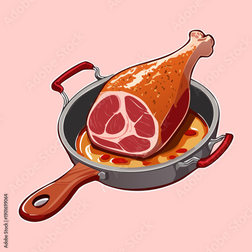 Roast meat in a pan with garnish for a delicious and gourmet dinner menu presentation - Vector Illustration