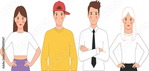 Flat Character Illustration Set of Young People and Professionals Standing Together for Teamwork, User Personas, Diversity, and Modern Lifestyle Design Concepts