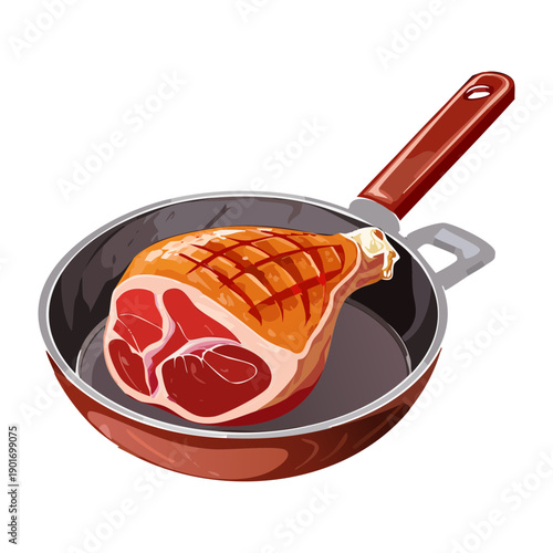 Grilled ham leg in a frying pan for a hot and savory breakfast or dinner - Vector Illustration