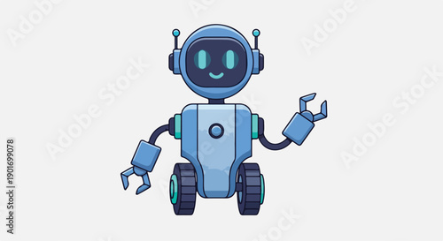 A cheerful cartoon robot with a smiling face and waving mechanical arm against a clean white background with blue accents.
