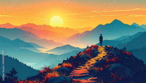 Adventure explorer standing on ridge overlooking vast sunrise valley. Epic outdoor discovery scene with dramatic light and depth. Wanderlust travel illustration capturing freedom exploration spirit