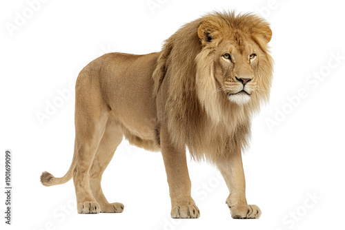 Majestic lion standing confidently against a plain background