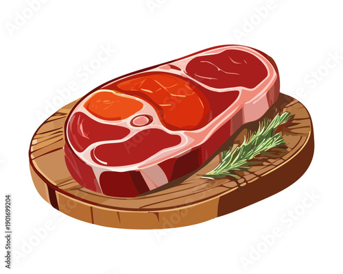 Premium raw steak on a wooden board with rosemary for a gourmet cooking and recipe - Vector Illustration