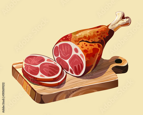 Raw pork leg with meat slices for traditional cooking and festive dinner preparation in kitchen - Vector Illustration