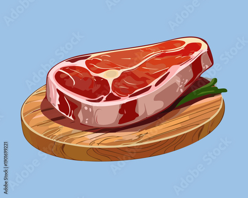 Raw beef steak on a wooden board for a rustic and natural meat shop advertisement - Vector Illustration