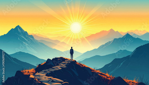 Leader silhouette standing firm above sunrise mountain peaks. Strong confident figure symbolizing authority vision success. Inspirational leadership concept within majestic natural scenery