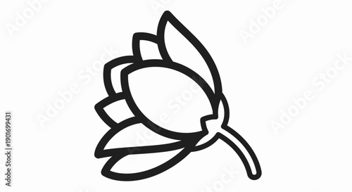 Minimalist outline drawing of a stylized flower bud with unfolding petals.