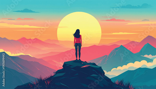 Centered figure embracing powerful sunrise over endless mountain layers. Bold minimalist scene showing human scale against radiant sun. Visionary solitude moment facing glowing horizon landscape