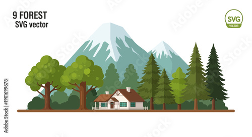 Mountain Landscape with House and Forest - Flat Vector Illustration