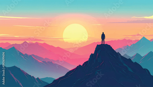 Visionary leadership moment overlooking expansive sunrise mountains. Executive perspective concept symbolizing oversight direction. Strategic outlook illustration representing long term vision