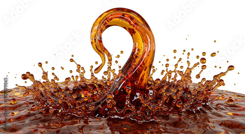 Golden liquid splash with a dramatic curve, creating a dynamic fluid art on a white background