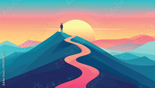Optimistic growth journey illustrated through colorful mountain road. Personal development path concept leading toward bright future. Inspirational progress route visualizing long term ambition
