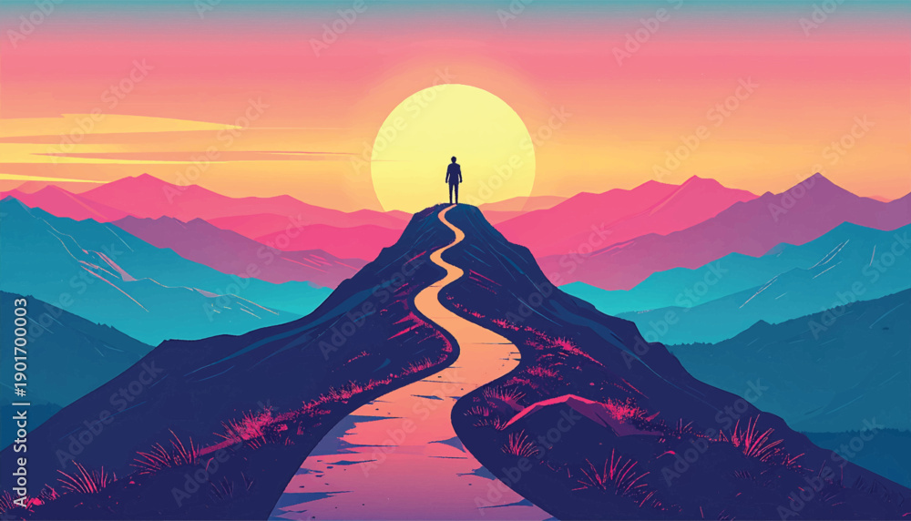 Fototapeta premium Strategic success path leading professional figure toward sunrise. Purpose driven journey illustration with winding mountain trail. Vision focused roadmap concept across glowing alpine landscape