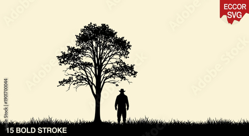 Silhouette of man standing under a large tree in a grassy field, minimalist style