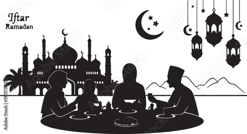 Black silhouette of a traditional Muslim family of four seated on the floor, sharing a meal together—symbolizing unity, cultural tradition, and spiritual bonding during Ramadan.