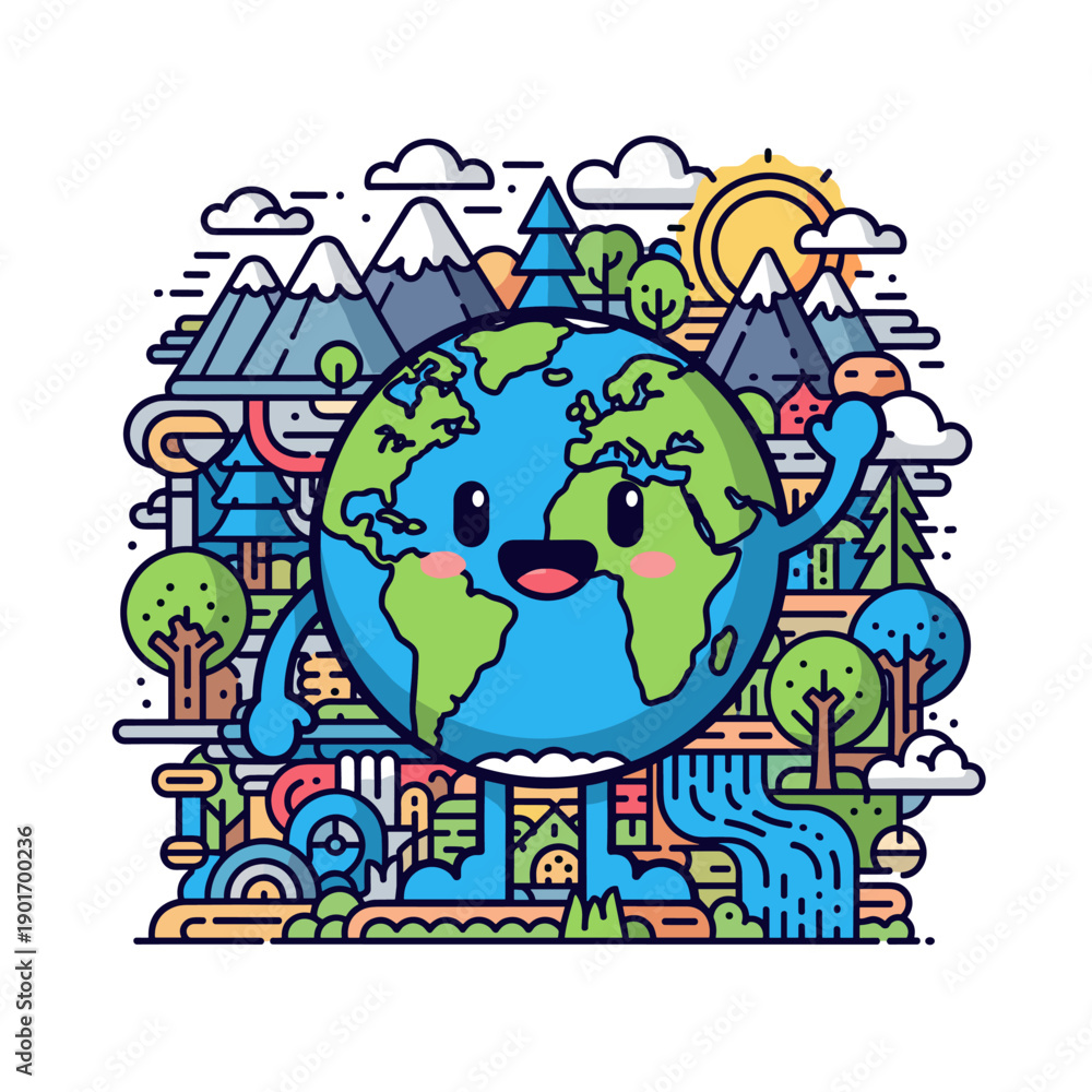 Fototapeta premium Cartoon illustration of birds on a tree around the world