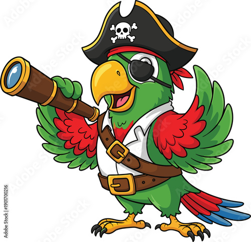Funny cartoon green parrot pirate character wearing a skull hat and eye patch looking through a telescope on white background