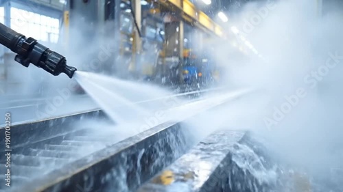 Industrial cleaning process using high-pressure water jet to clean l parts in factory.