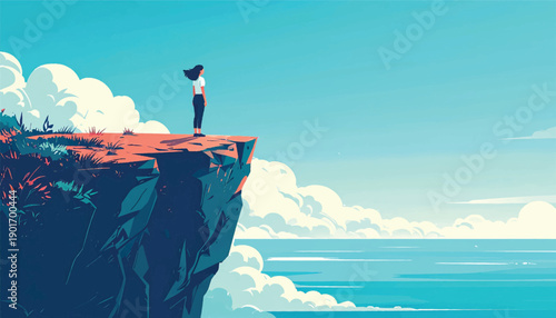 Courageous woman standing at cliff edge facing open sky. Bold decision moment illustration expressing personal freedom. Empowered feminine silhouette overlooking vast horizon