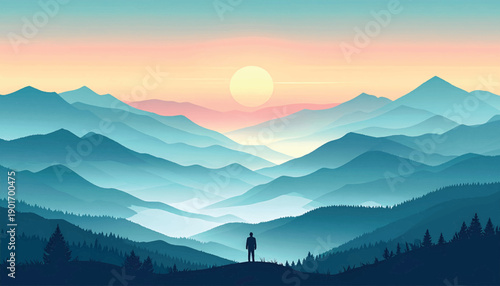 Hopeful sunrise spreading warmth across distant mountain ranges. Optimistic dawn landscape symbolizing fresh beginnings renewal. Soft morning light over tranquil valleys and peaks