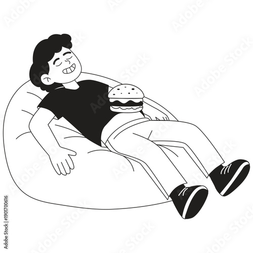 Burger Illustration. Vector illustration of Young man relaxing on a bean bag while enjoying a burger, expressing comfort, leisure time, and fast food enjoyment. Isolated on background