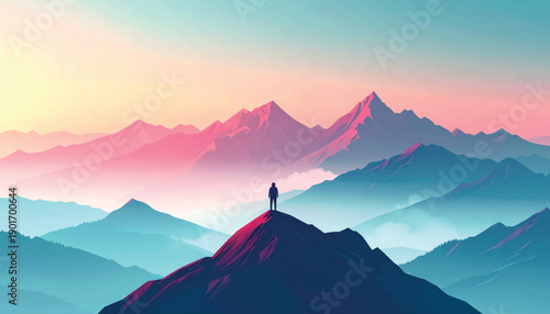 Emotional balance scene with soft pastel mountain harmony. Gentle inner peace illustration expressing healing calm. Serene solitude moment across dreamy alpine scenery