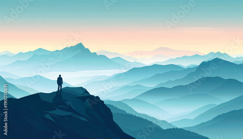 Courageous stance at mountain edge embracing independence. Personal strength illustration symbolizing fearless autonomy. Bold self direction moment overlooking distant valleys