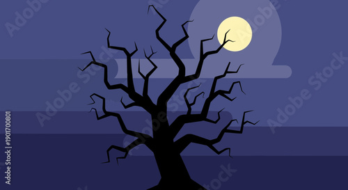 Spooky Silhouette Bare Tree Against Full Moon Night Sky