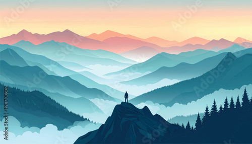 Silent observer standing above layered mountain wilderness. Peaceful dominance scene blending solitude scale harmony. Remote alpine viewpoint illustration expressing calm control