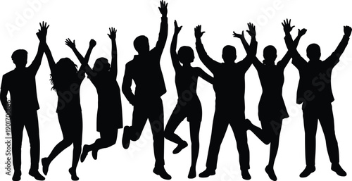 Group of happy people silhouette jumping and cheering together, diverse crowd celebrating success, teamwork and unity concept on white background