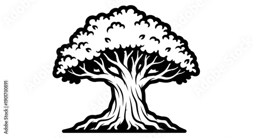 Stylized Black and White Tree Logo, Ancient Oak, Vector Illustration